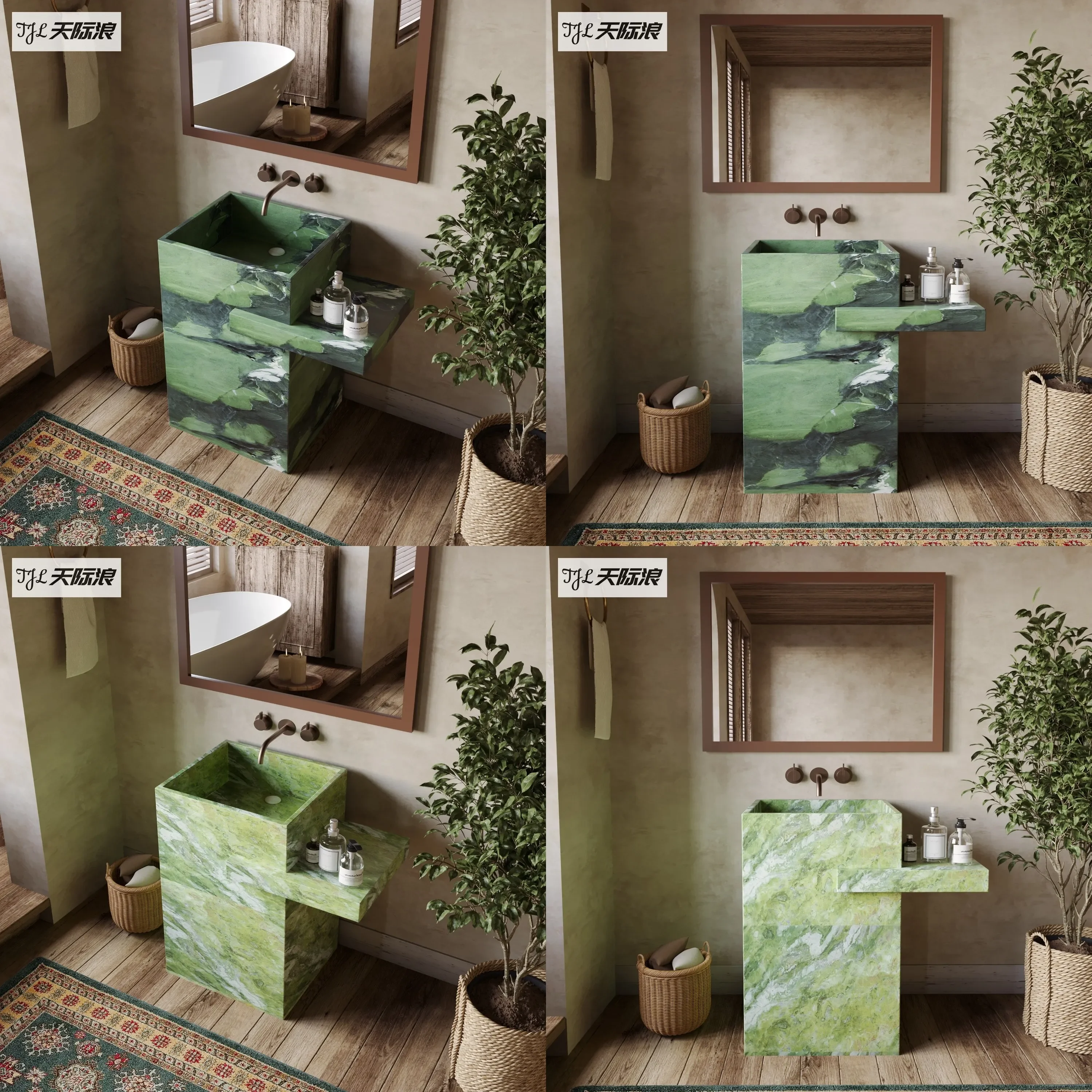 BJ Bauhaus Avocado Green Floor Standing Solid Surface Basin Vanity Stone Washbasin For Hotel Bathroom