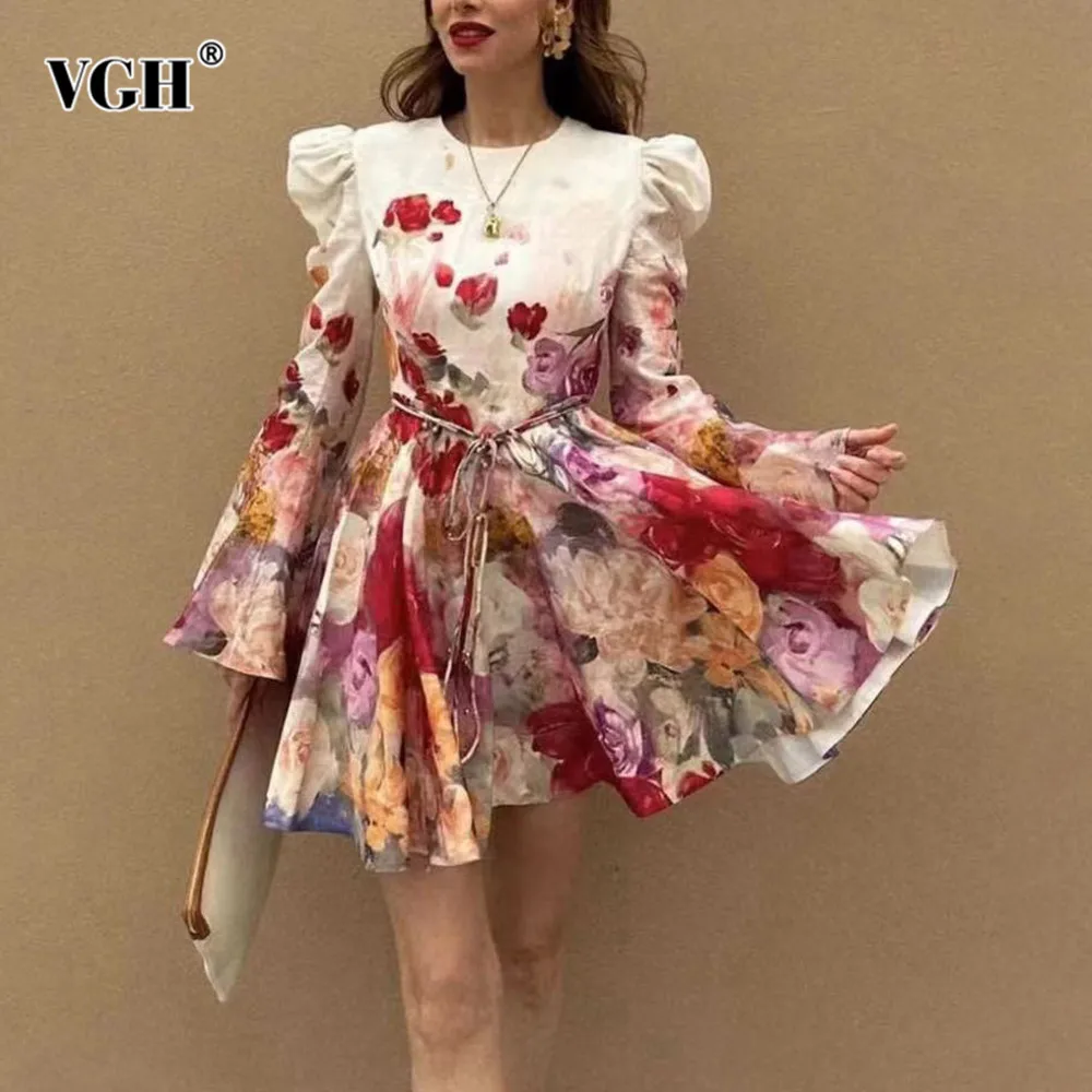 

VGH Colorblock Patchwork Lace Up Elegant Dress For Women Round Neck Long Sleeve High Waist Temperament Short Dresses Female New