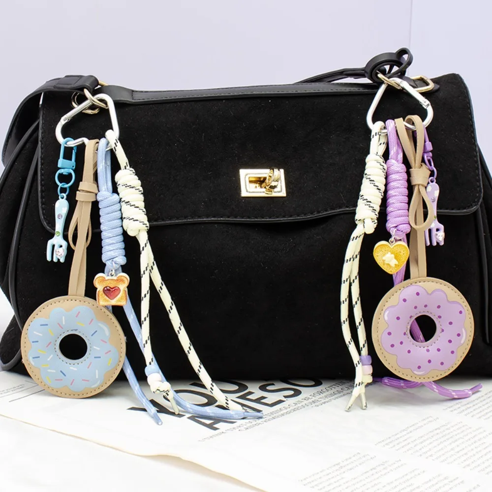 PU Donut Bag Charm Mini Fork Toast Heart Charms Braided Rope Carabiner Keychain Sweet Dessert Backpack Handbag Pendant Gift