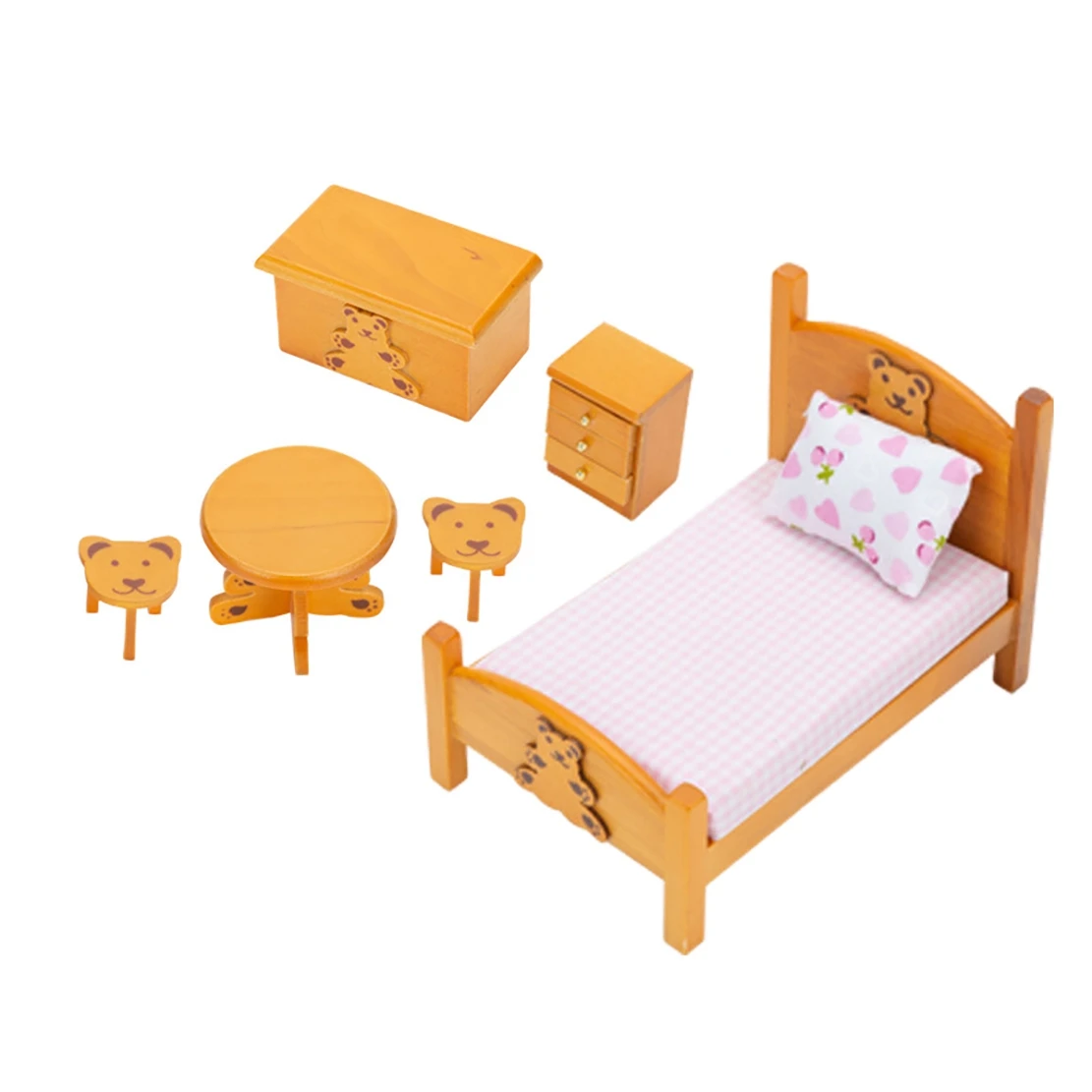 1/12 Miniature Dollhouse Furniture Wooden Bear Table Bedroom Furniture Set Simulation Toy DollHouse Decoration,Pink