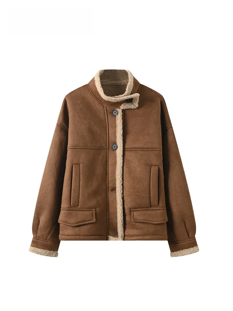 

plus Size Women's Fce Lined Stand Collar Jaet Loose Fit Anti-Aging Spring Outerwear for Plump Sisters Casual Sle