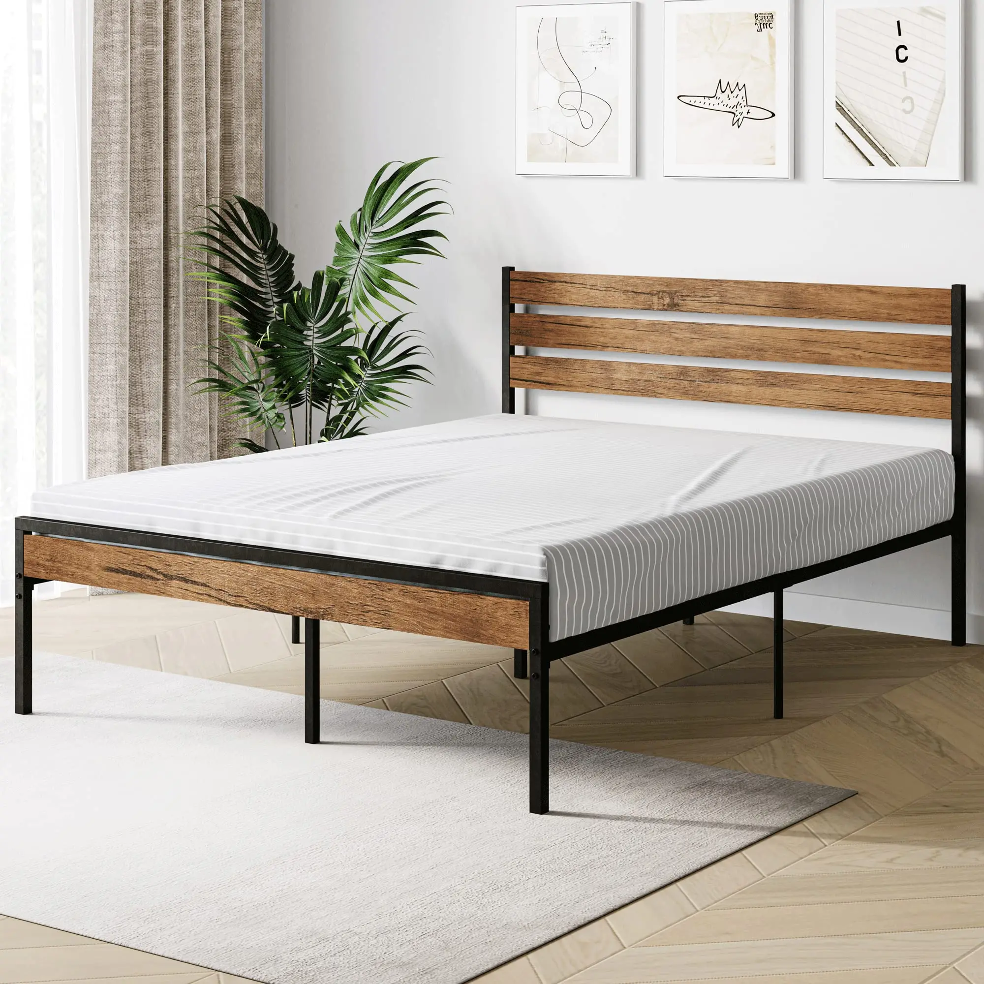 IDEALHOUSE Full Bed Frame with Wood Headboard and Metal Slats Support Platform Bed Frame with Storage No Box Spring Needed