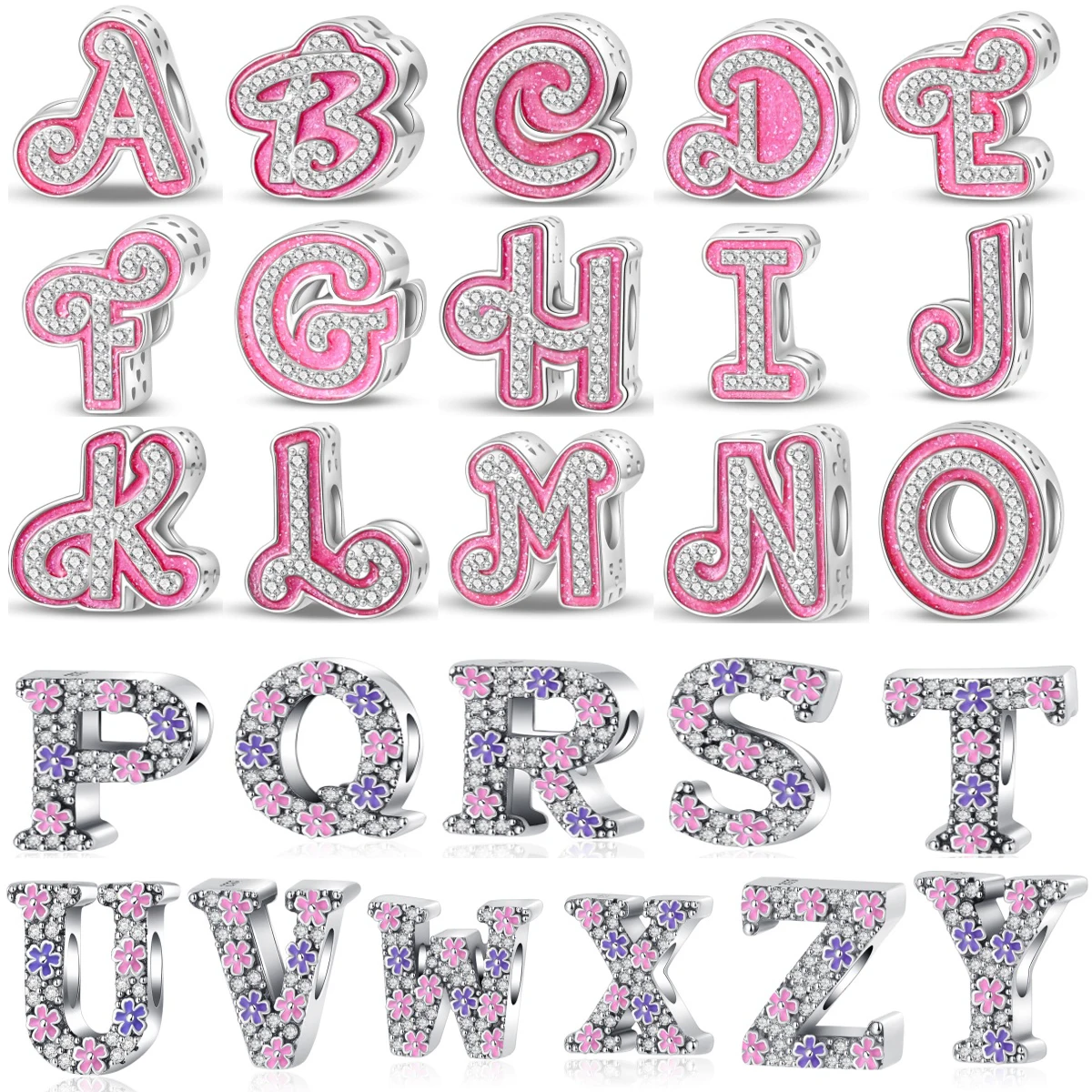 New Brand New S925 Silver Sparkling Pink A-Z English Letter Talisman  Fit For Original DIY Women's Boutique Jewelry Accessories