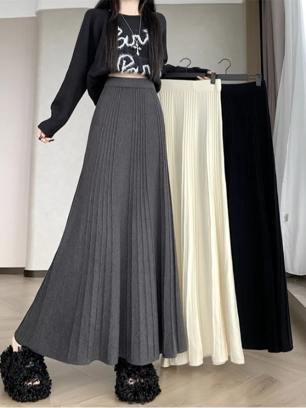 

Thiened Knitted High Waist A-Line Skirt Concealing Hip Slim Long Dr Casual Sle No Non-Sinkable Fabric Daily Wear
