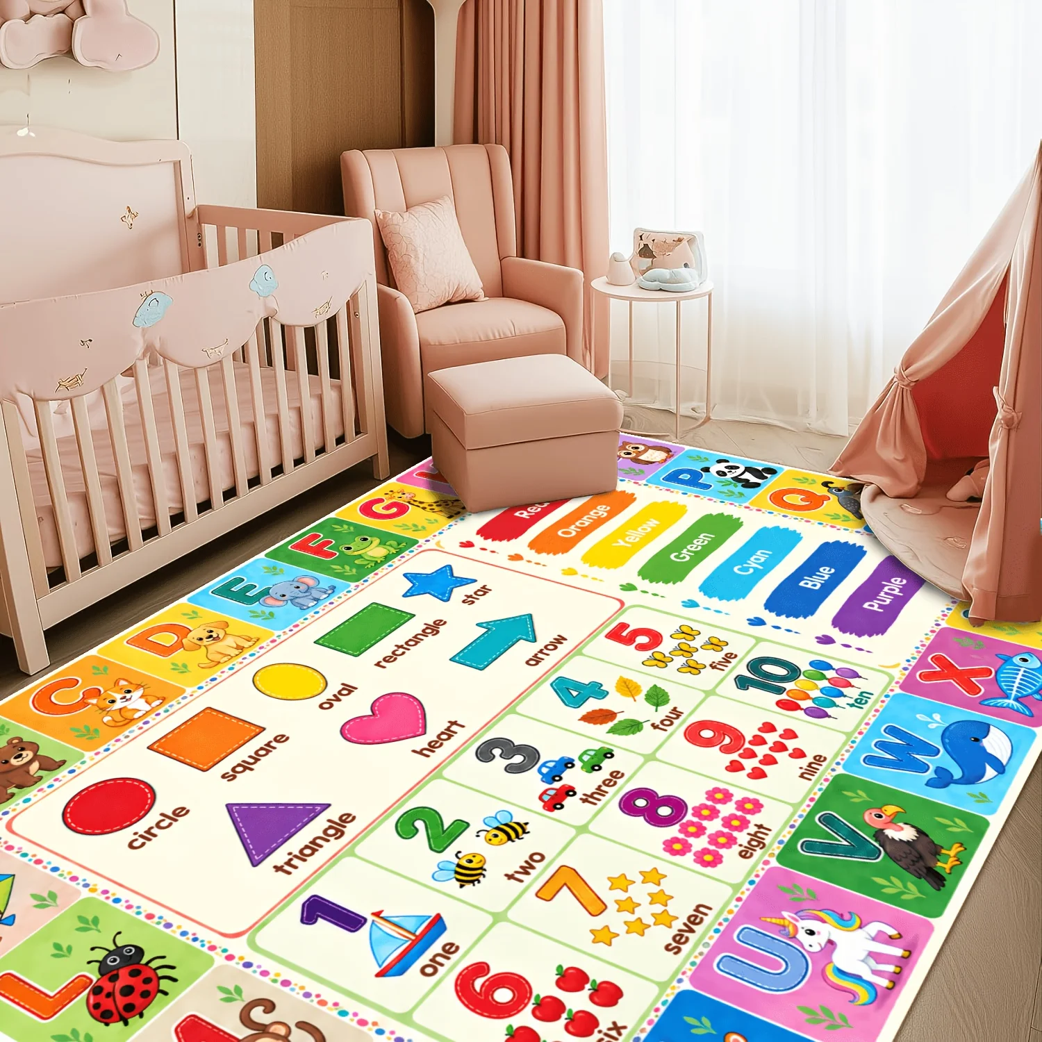 VIKAMA Kids Educational Area Rug Alphabet Number Shape Color Learning Cartoon Animal Print Non-Slip Washable Playroom Floor Mat