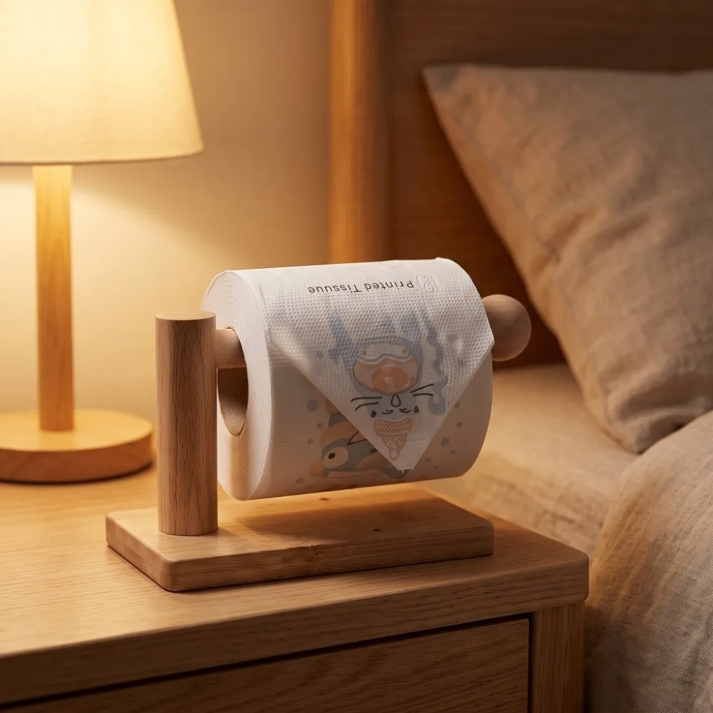 Wood Grain Bamboo Toilet Paper Holder Wood Grain Retro Desktop Tissue Stand Drill-Free Rustroof Paper Towel Rack Bathroom