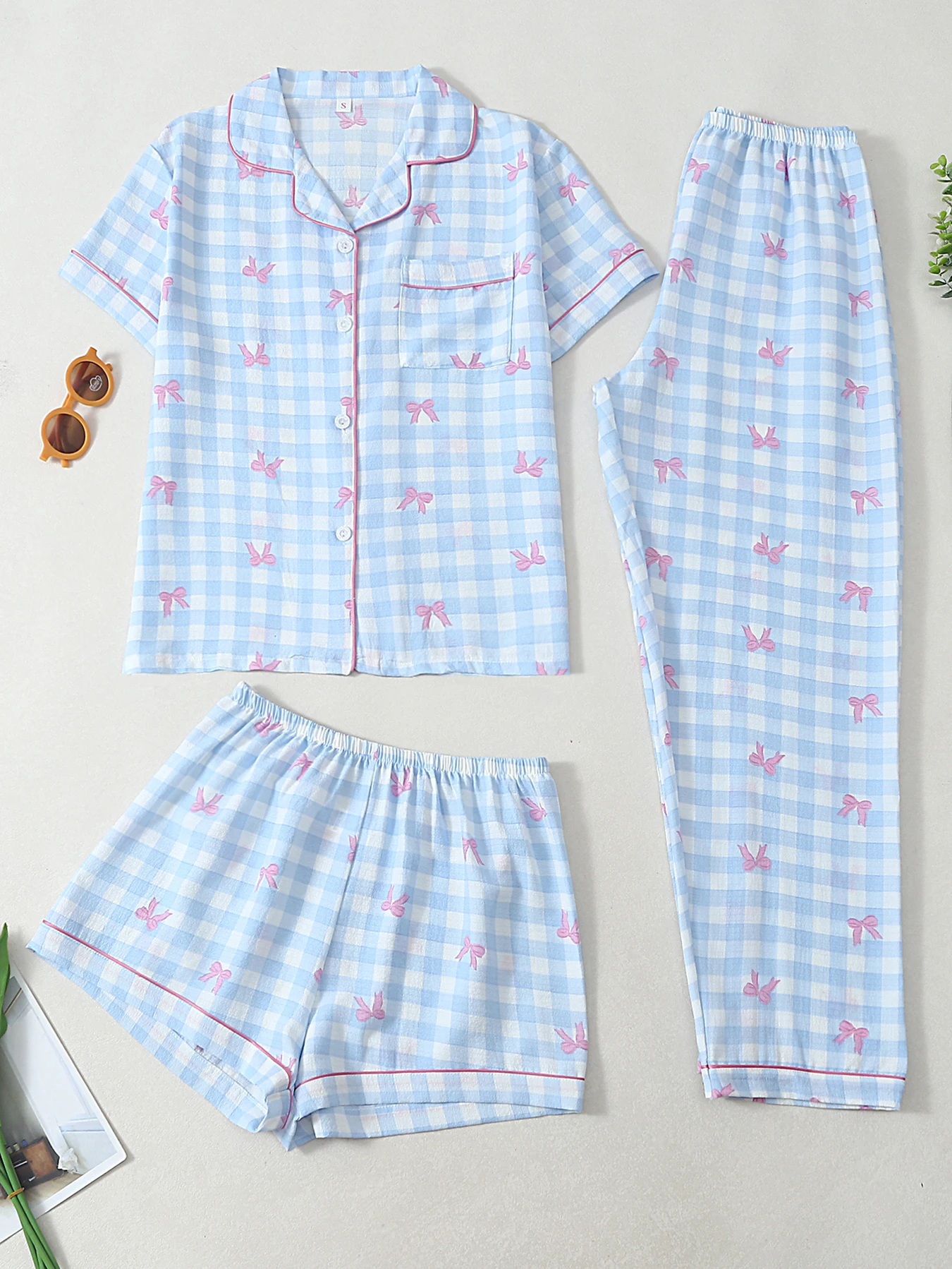 

Women Pajamas Notch Lapel Short Sleeve Shorts Pants 3 Piece Set Spring Summer Fall Cute Bow Gingham Print Homewear