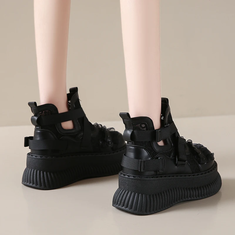 الصنادل النسائية الصيف الرجعية مائة الدانتيل شبكة تنفس سميكة وحيد لباس غير رسمي عالية أعلى أحذية باردة Zapatos De Mujer 2026