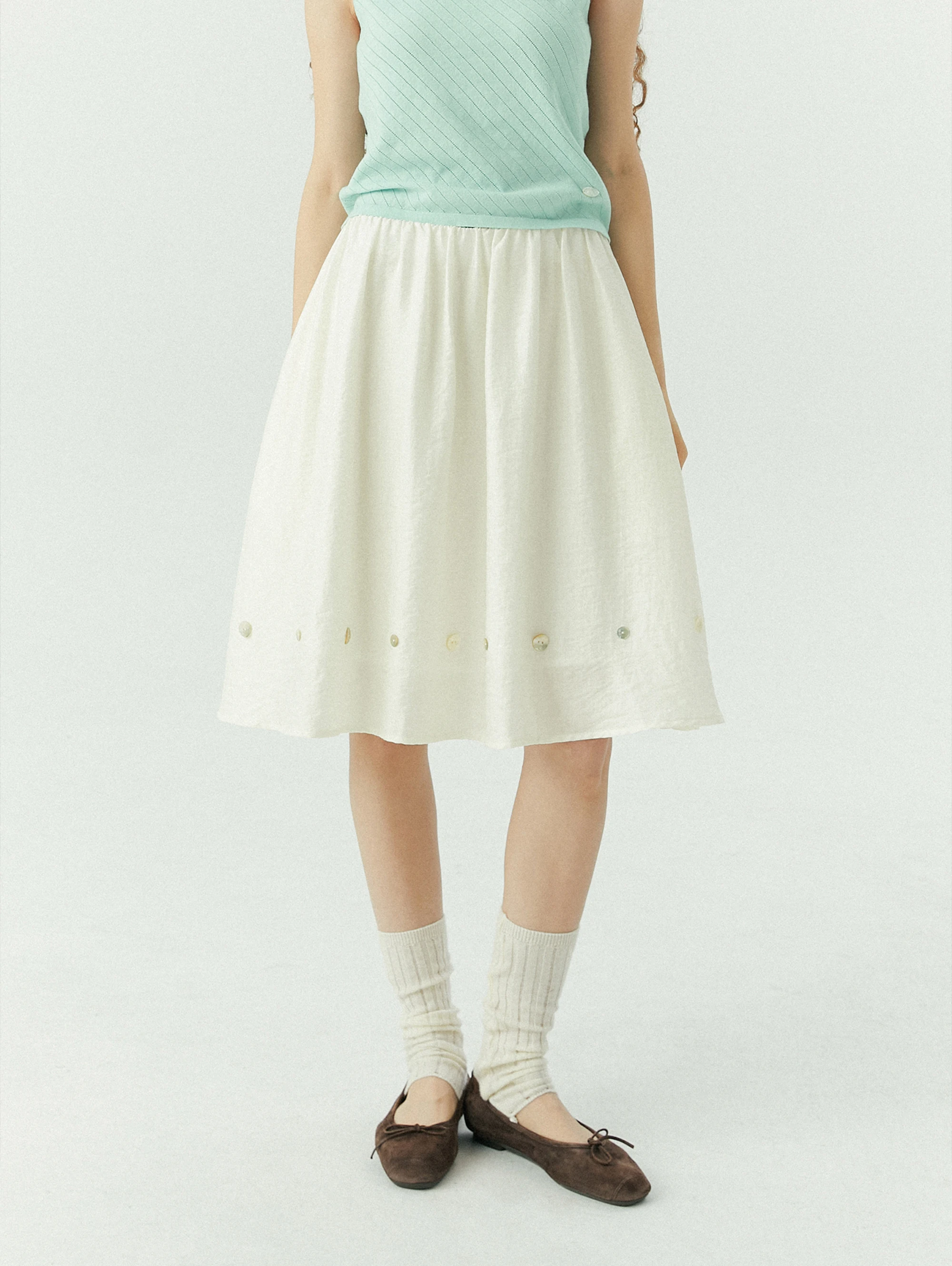 LLANO  Button A-Line Midi Skirt Women's High Waist Fullness Skirt White Half-length Skirt Loose Feeling Half Skirt