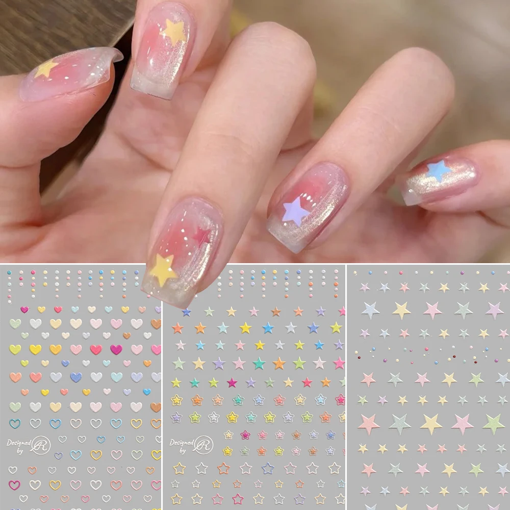 1pc 5D Relief Colorful Stars Nail Art Stickers Lovely Candy Colors Love Heart & Stars Nail Decals Adhesive Nail DIY Decorations