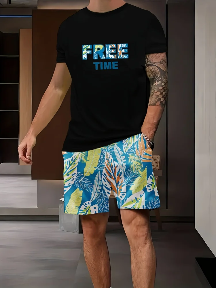 

Men's 3D Summer Short Sleeve Set Floral Printed Round Neck T Shirt Set Street Outdoor Breathable T-shirt Drawstring Shorts Set