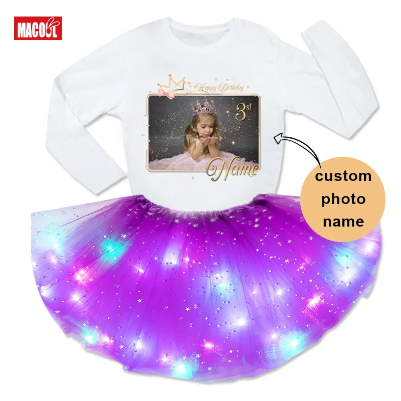 Custom Photo Shirt Girl Set Dress Rainbow Birthday Outfit Girl Long Sleeves T Shirt Children Party Light Tutu Dress Clothes Gift