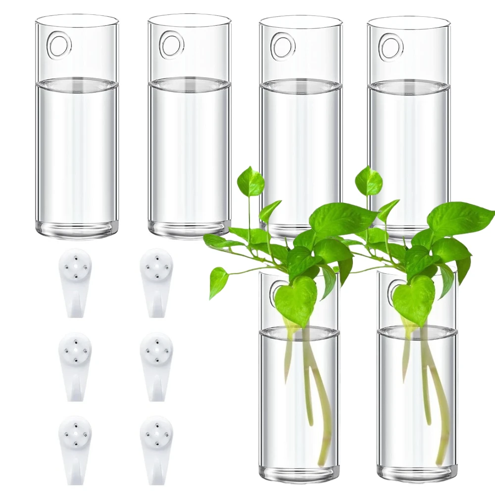 3/6 Pcs Glass Wall Vase for Plants Indoor Hanging Propagation Planter Container Holder with Plastic Invisible Traceless Hook