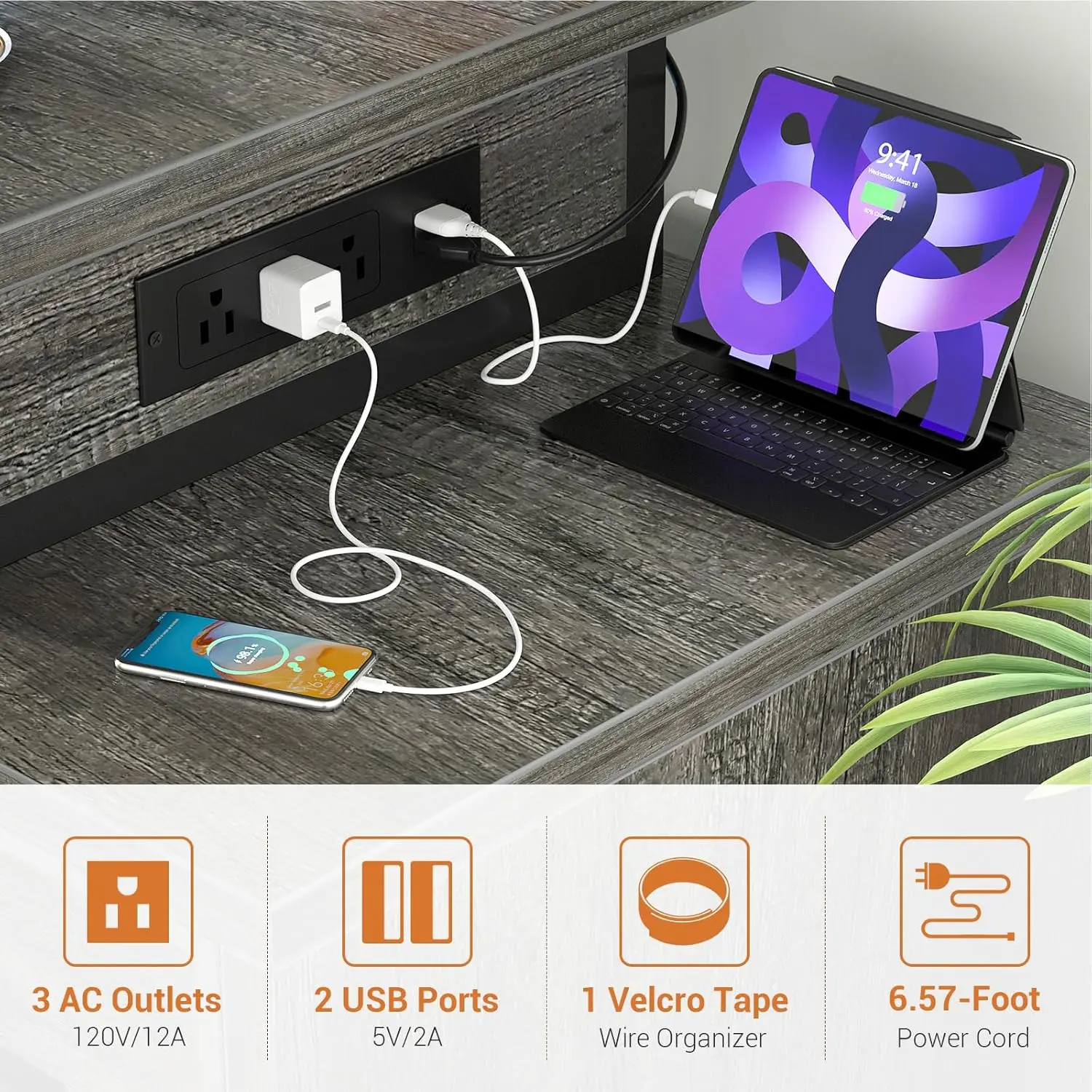 Computer Desk with 2 Fabric Drawers - Power Outlet & LED Lights,Monitor Stand & Storage Shelves