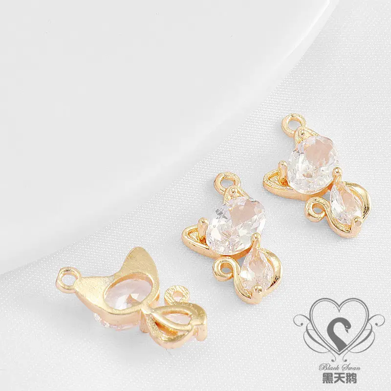 14K Gold Plated Zircon Bowknot Cat Pendant 10*15mm DIY Handmade Jewelry Making Charms