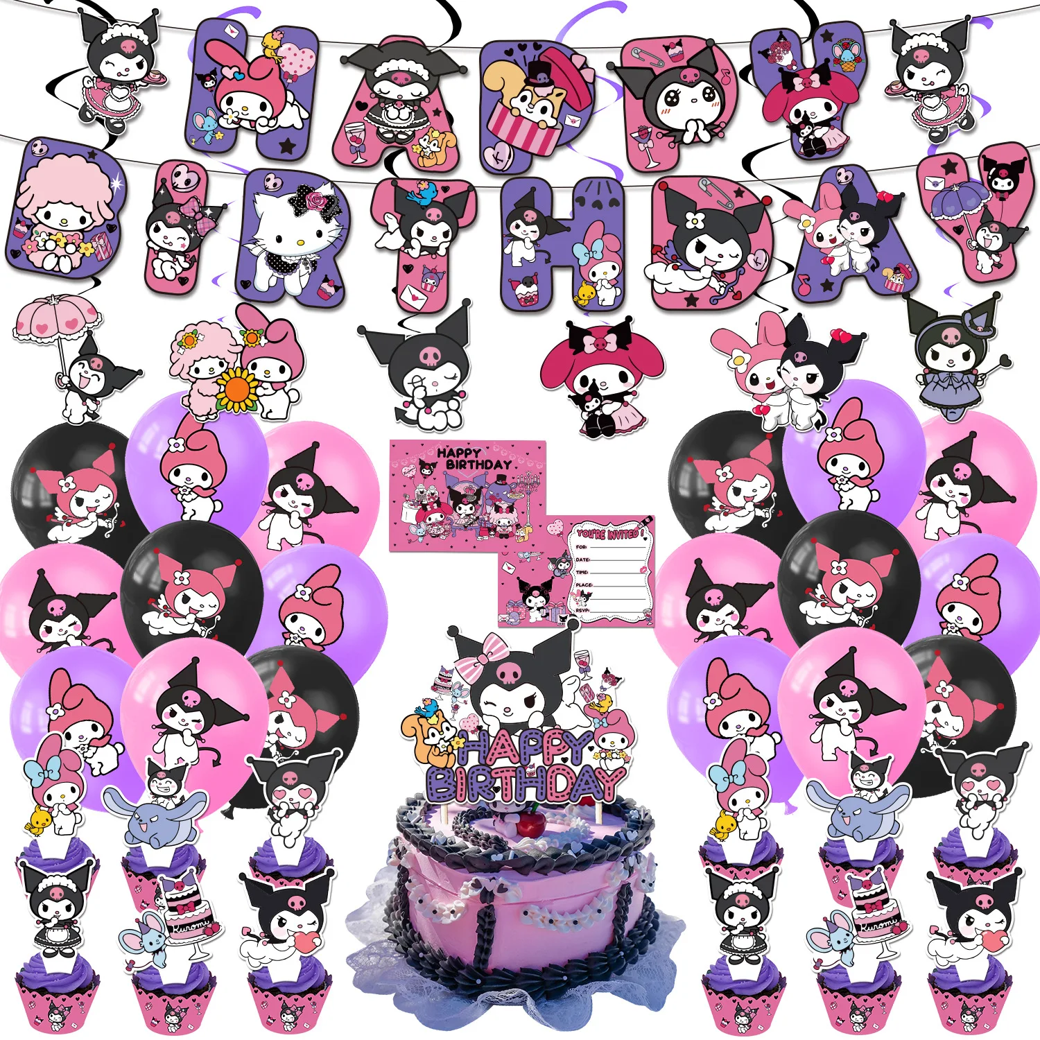 Sanrio Kuromi Decorazione per festa di compleanno per bambini Palloncino Torta Bandiera Inserimento Stoviglie usa e getta Decorazioni per feste di compleanno