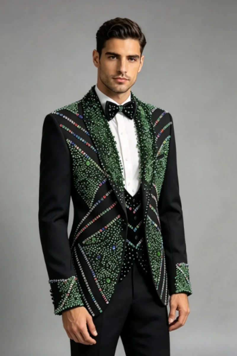 High-end Luxury Green Rhinestone Men Suits Customized Slim Fit Shawl Lapel Groom Wedding Tuxedos 2 Pieces Sets Ropa Hombre