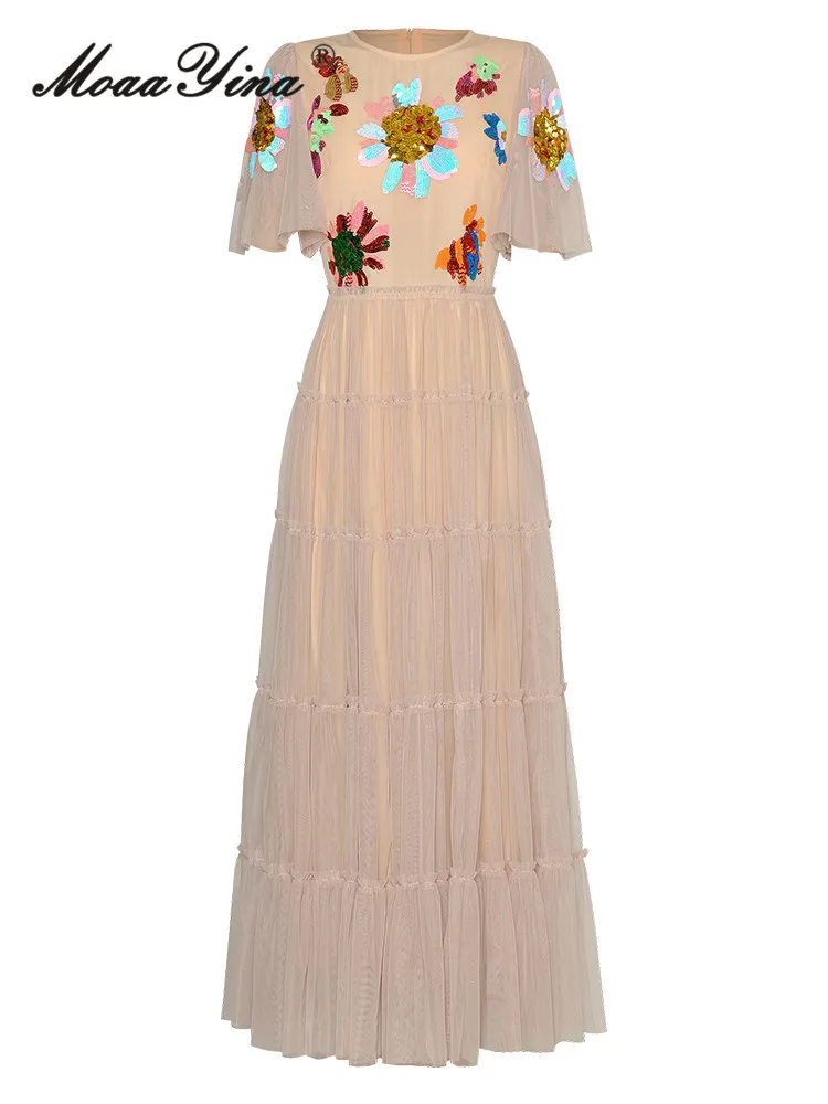 

MoaaYina Summer High Quality New Arrivals Women Dress Vintage Temperament Flowers Embroidery Sequins Net Yarn Princess Dresses