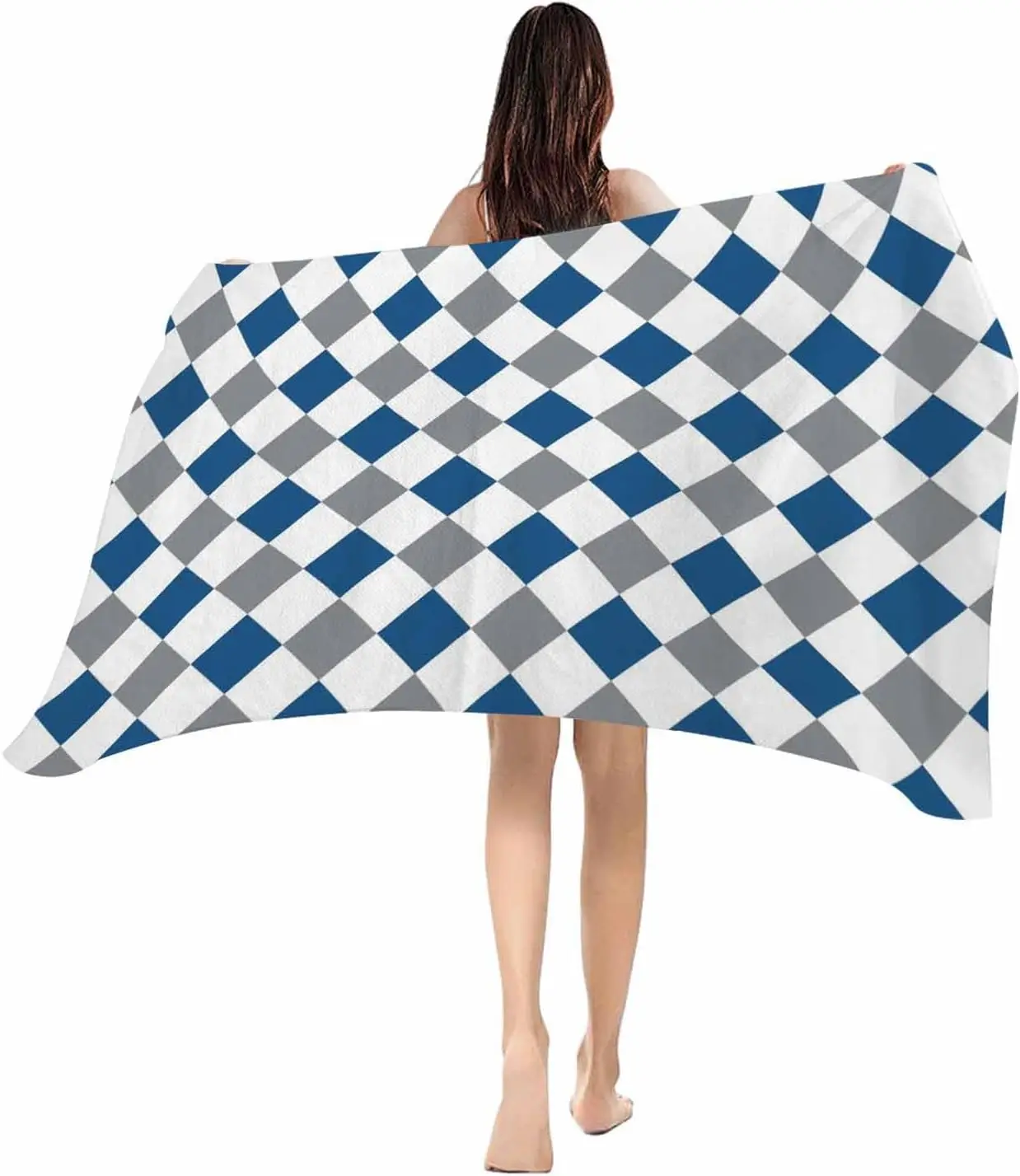 Beach Towel Gray Blue Plaid Bath Pool Towels Geometric Diamond Shapes Soft Absorbent Beach Towel  Lightweight Large Quick Dry