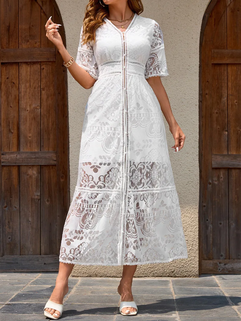 Lace Beach Cover Up Dress Long Cardigan Dresses for Vacation Summer Beach Coverups Open Front Elegant view 6