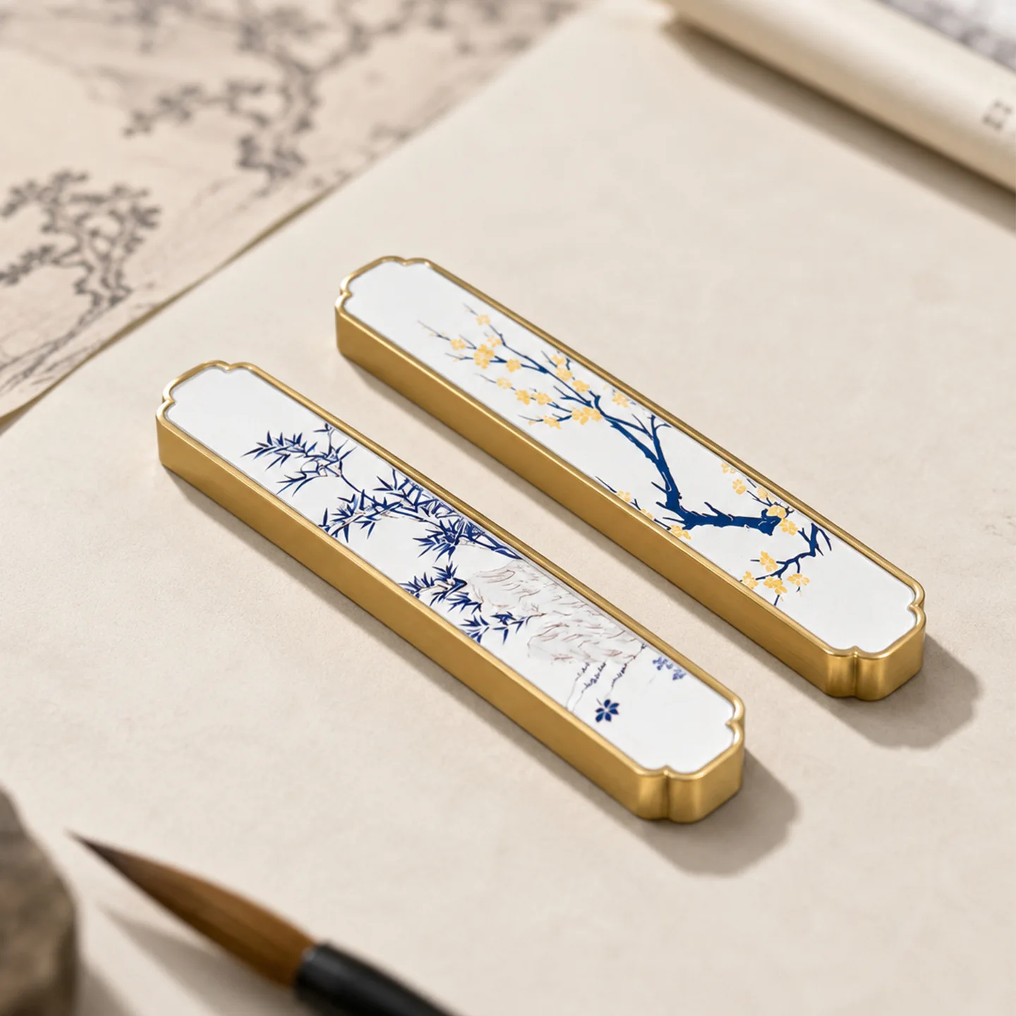 Plum & Bamboo Pattern Brass Paper Weight, Good-looking New Chinese Study Accessory, Vintage Style Desk Ornament Craft Supply