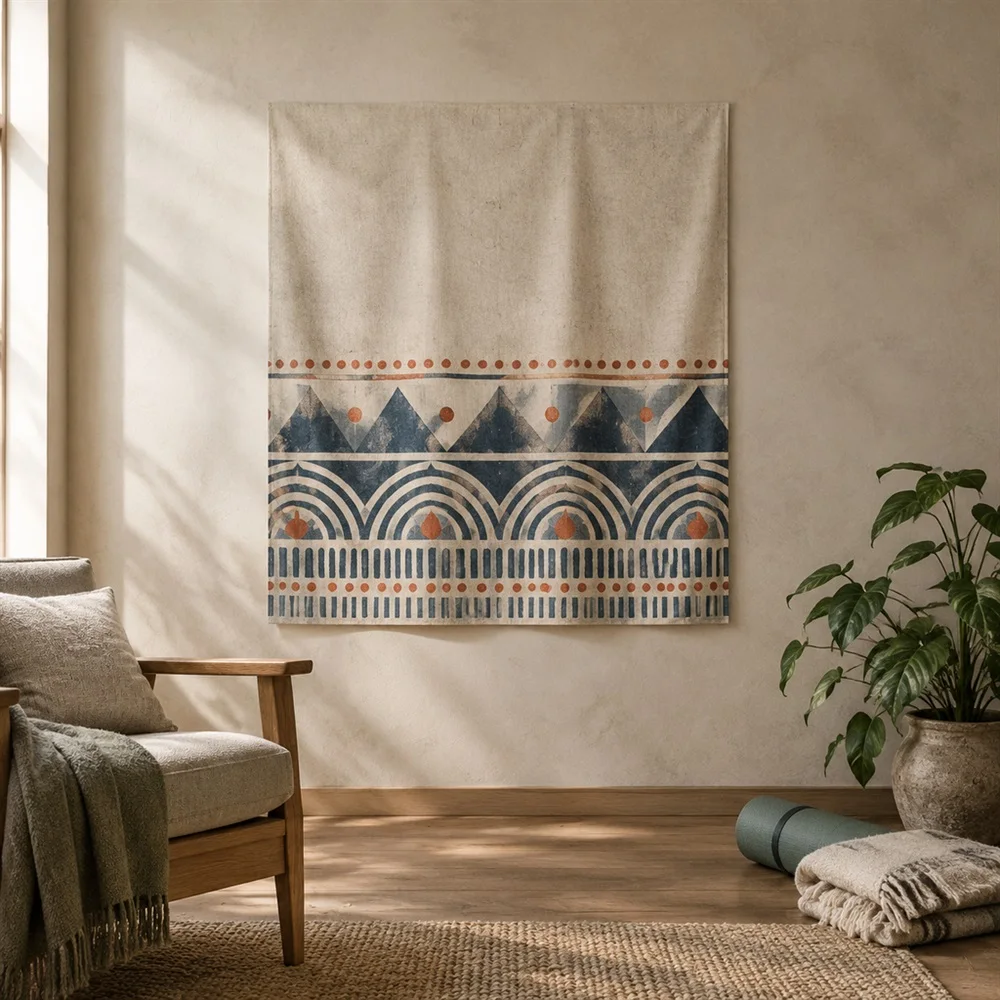 VIKAMA Ceramic Carved Pattern Layered Bands Tapestry Wall Hanging, Wabi Sabi Wall Decor Tapestries for Study Living Room Bedroom