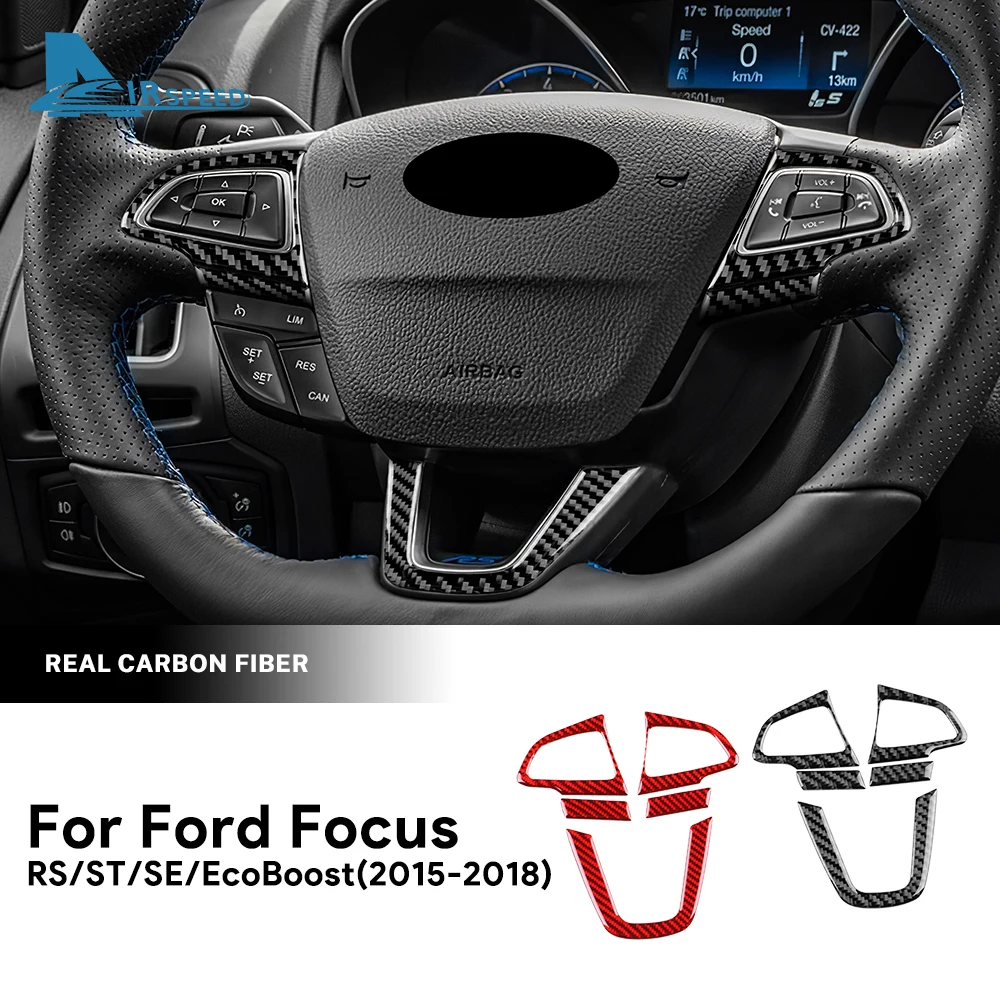 Dla Ford Focus SE RS ST Ecoboost 2015 2016 2017 2018 Prawdziwa miękka naklejka z włókna węglowego LHD RHD Ramka przycisku kierownicy samochodowej