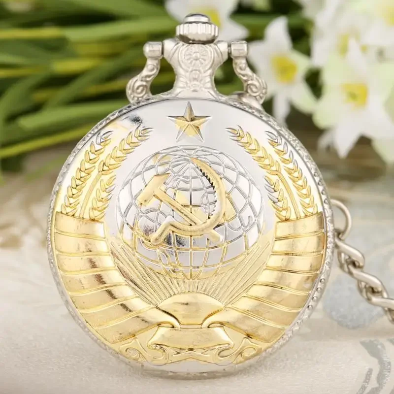 

Antique Communist Hammer Sickle Arabic Number Men Women Quartz Pocket Watch Clip Buckle Chain Pendant Clock Gifts