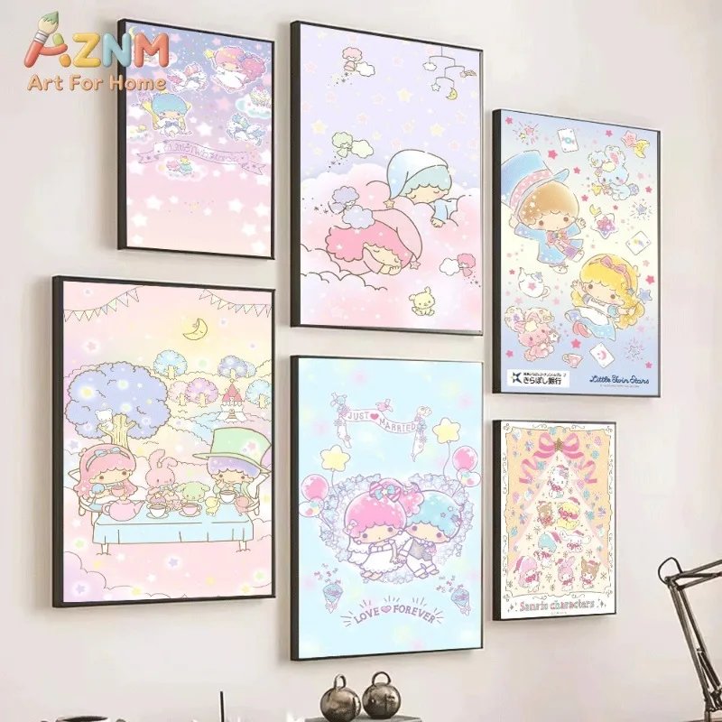 Little Twin Stars Canvas Wall Art Sanrio Cute Kawaii Poster Unframed Canvas Painting For Girls Bedroom Decor Cartoon Room Decora