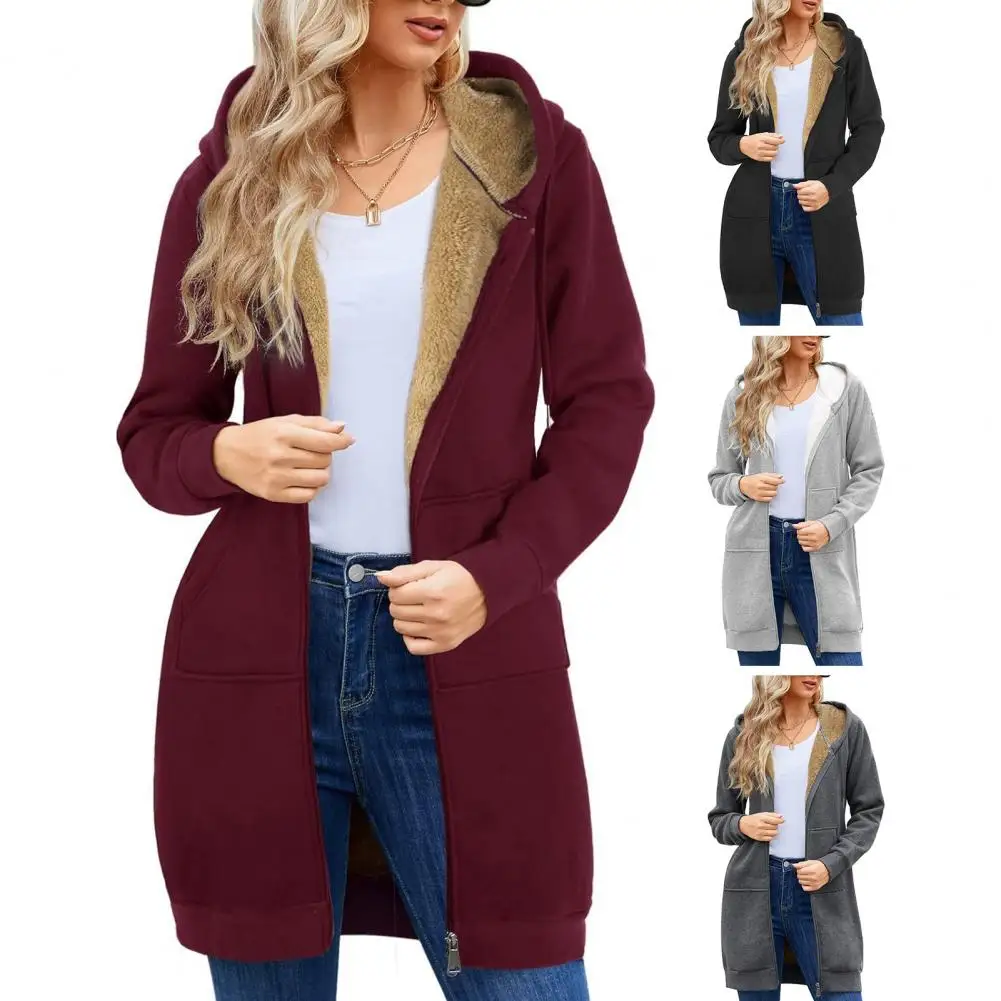 

Lightweight Jacket Plush-lined Winter Hoodie Coat with Drawstring Closure for Women Mid Length Outerwear Jacket for Commuting