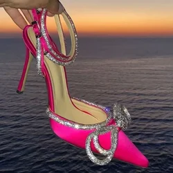 Bling Crystal Bow knot Strappy Sandals Pointed Rhinestone Stilettos Back Strap Pumps Women Wedding Dress Shoes 2025 High Heels