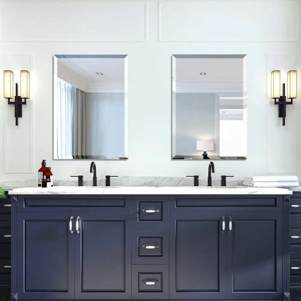 Frameless Rectangular Beveled Edge Bathroom Mirror, Wall-Mounted 20x28, Horizontal Hanging Option