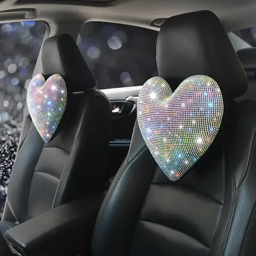 

Bling Rhinestone Car Seat Pillow for Women – 2Pc Auto Headrest Cushion Decor