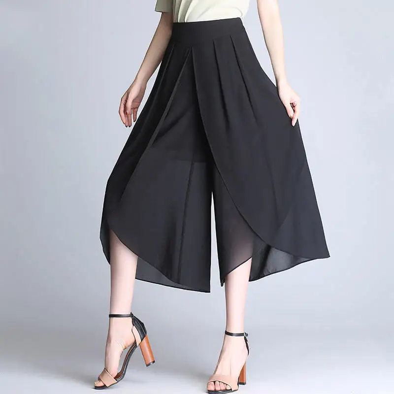 Sommerliche Oversize-Hose für Damen aus schwarzem Chiffon, koreanischer Stil, dünn, modisch, hohe Taille, elastisches Band, Schlitz, locker, einfarbig, lässig, weit geschnitten