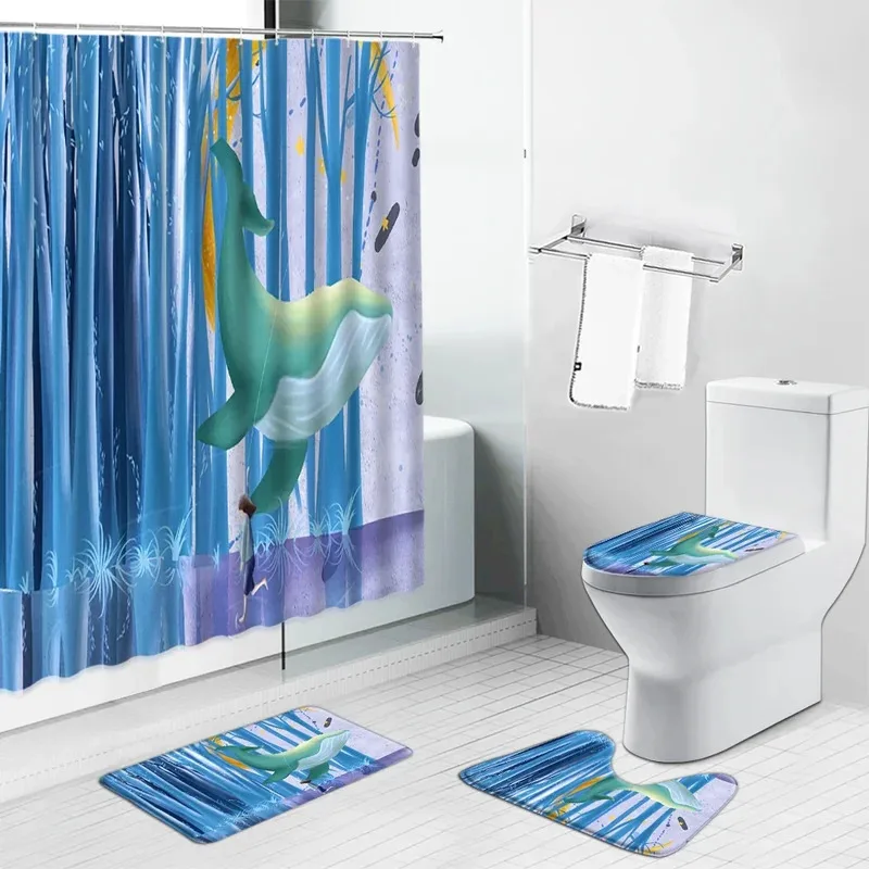 

HKL22Whale Printed Shower Curtains Non-Slip Bath Mats Cartoon Ocean Animals Child Bathroom Decoration Set Rug Toilet Lid Cov3Lh!