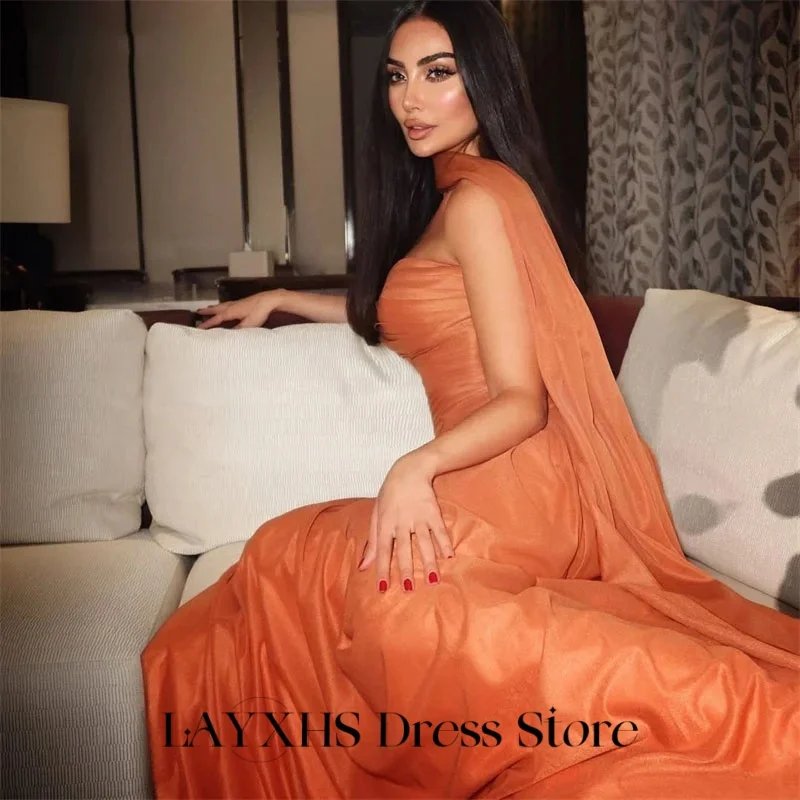 LAYXHS Elegante avondjurken Oranje strapless a-lijn sjaal plooi galajurken op maat gemaakte robes de soirée