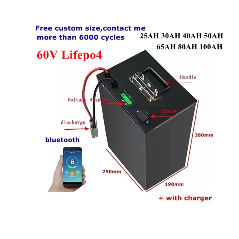 

100Ah 60V 60Ah 80Ah 30Ah 60V 40Ah 150Ah 120Ah lifepo4 Lithium battery with Bluetooth APP BMS for Scooter boat + charger