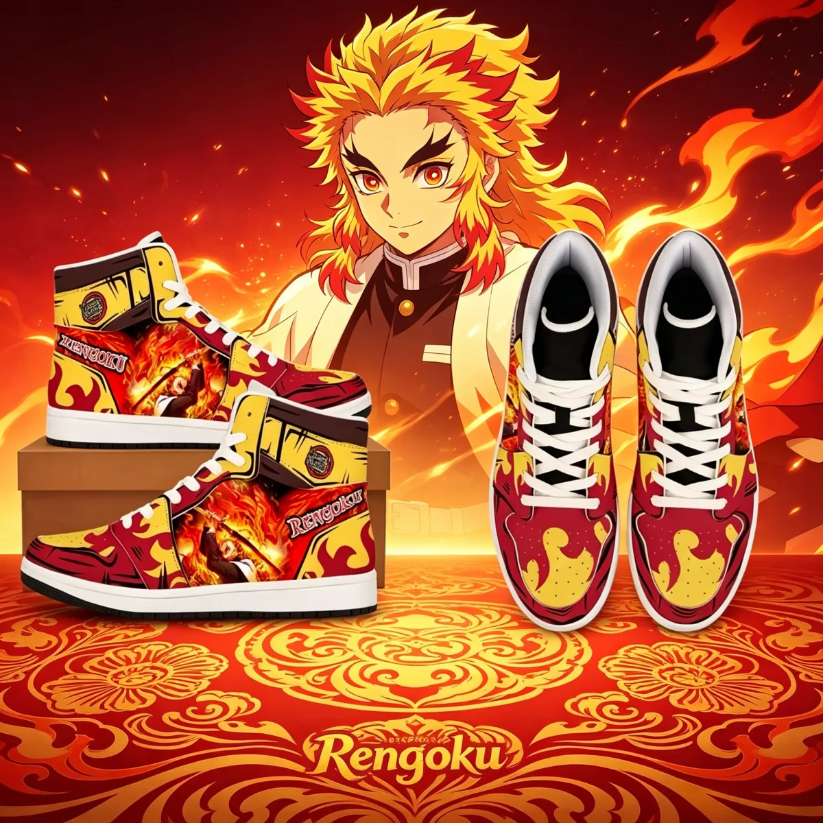 

Demon Slayer Rengoku Kyoujurou High Top Sneakers, Anime Custom Print Shoes, Casual Streetwear Footwear for Fans