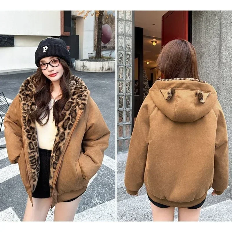 2026 New Women Y2K Vintage Parkas, Cat Ear Hood Leopard Faux Fur Trim Cropped Loose Warm Winter Casual Outfit
