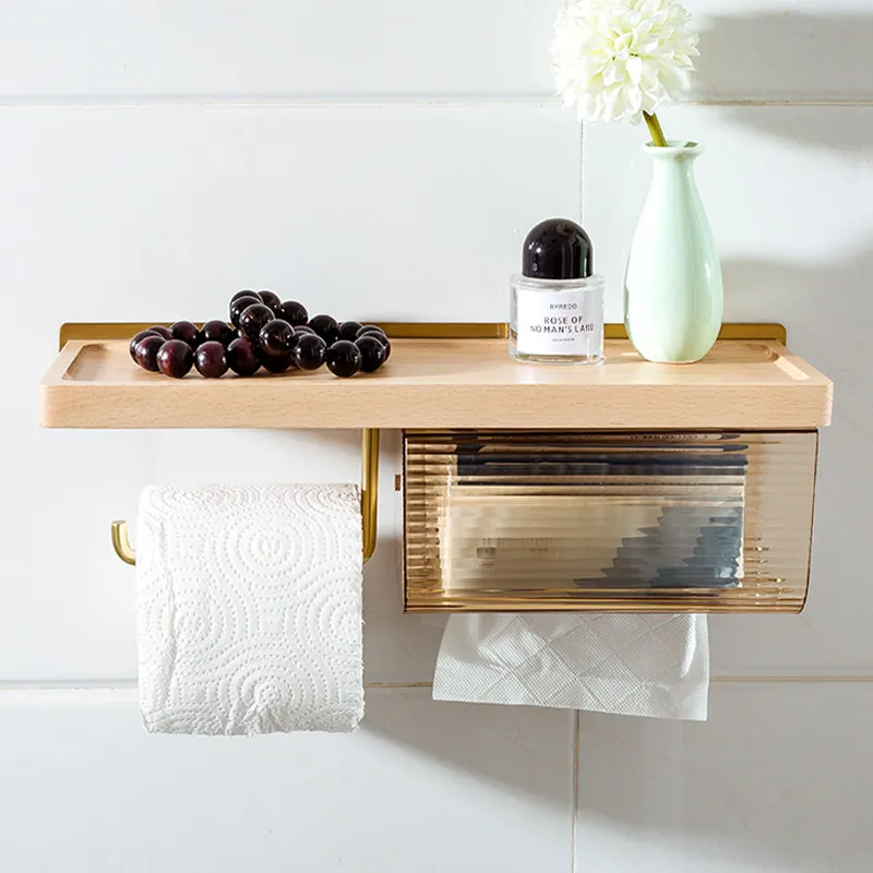 Black Walnut Wood Toilet Paper Holder No Drill Bathroom Tissue Box with Storage Shelf, Waterproof Roll Paper Dispenser for Bath