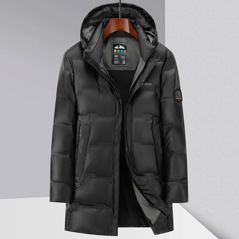 New down jacket men's medium and long hooded down jacket cold-proof and warm PU leather waterproof down jacket