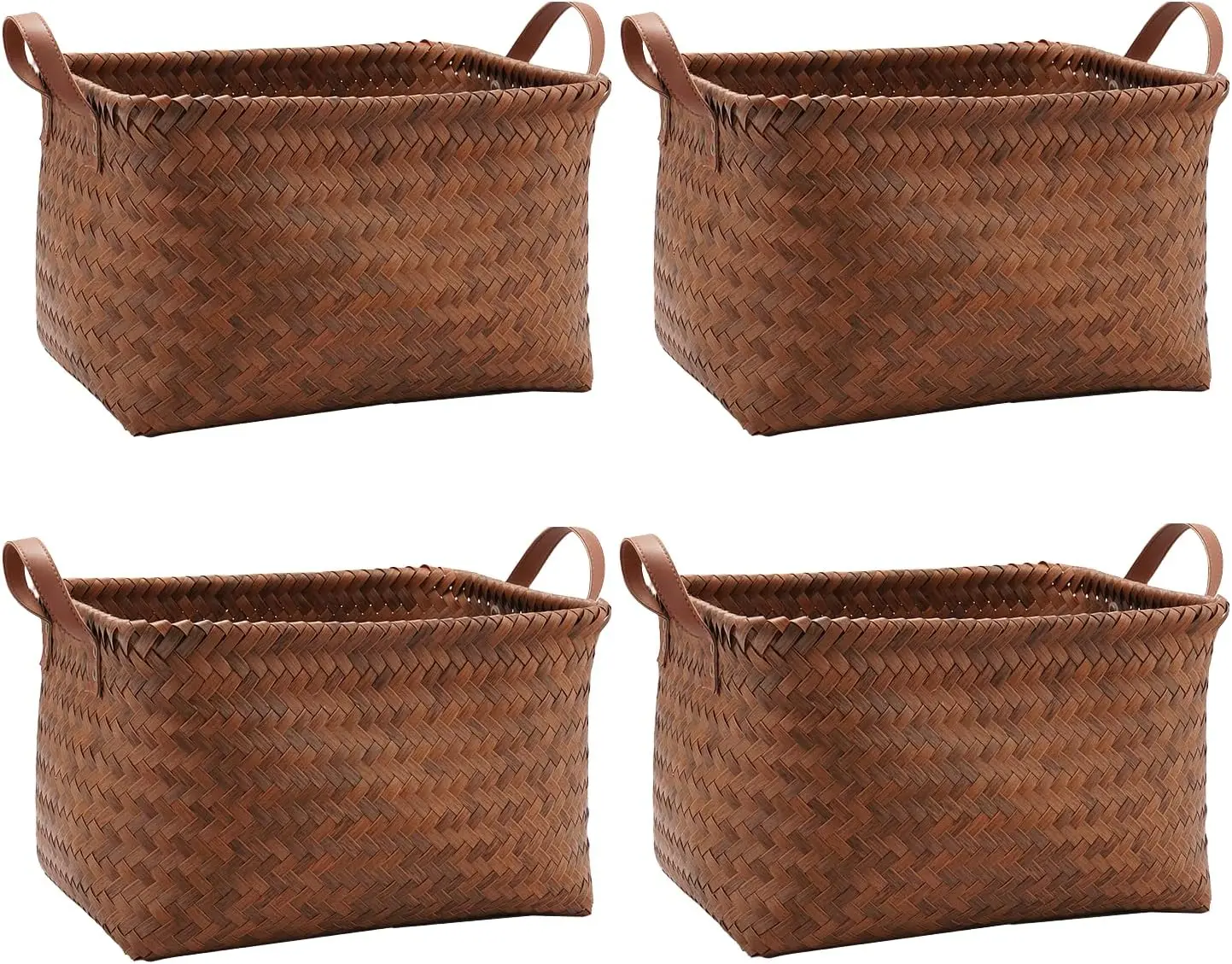 

Large Woven Storage Baskets for Shelves, Clothes, Blankets - Set of 4 with Handles, Brown
