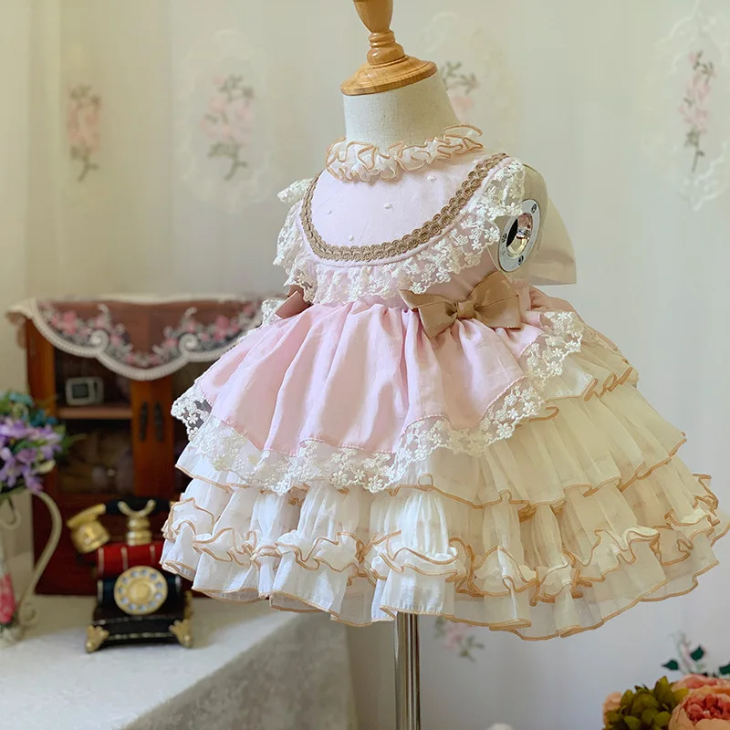 Girl's Lolita Dress Summer New Bow Lace Cake Princess Dress Birthday Banquet Wedding Flower Girl Performance Clothing