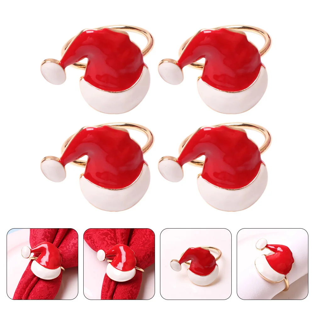 

4 Pcs Santa Hat Napkin Buckle Accessories Xmas Home Decors Hats Decorate Christmas Buckles Rings Holders Zinc Alloy