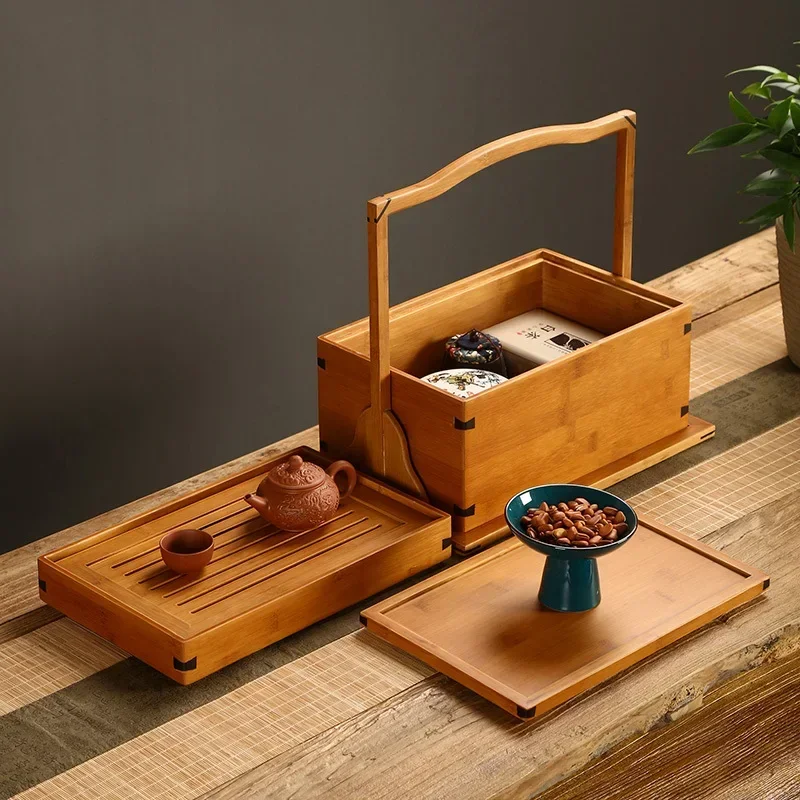 Portable Bamboo Tea Storage Box Chinese-Style Double-Layer Basket Tea Tray Snack Food Storage Container Teaware