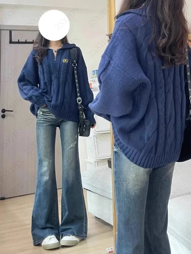 

Women's Harajuku Pullover Sweaters Vintage Fashionable Clothes Zipper Dark Blue Pullover Long Sleeve knitwear Casual Womenswear