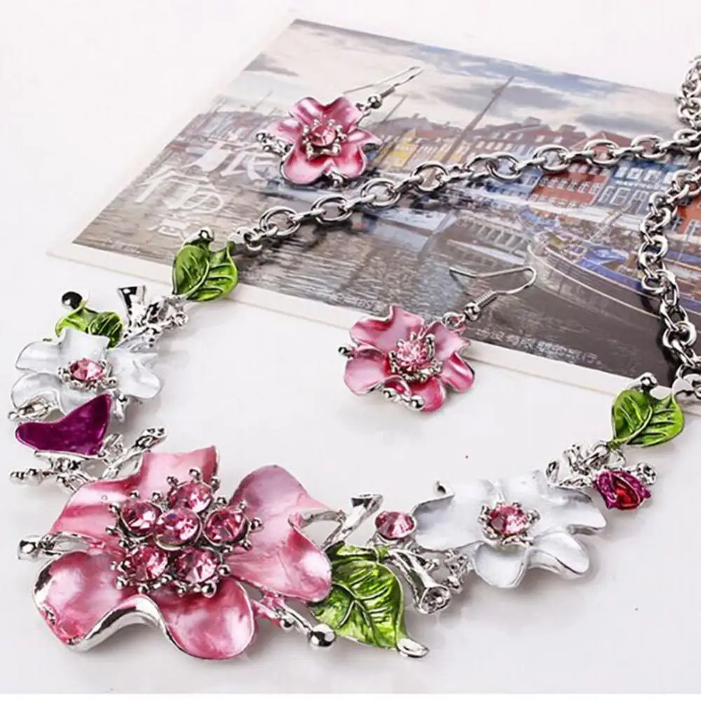 Multicolor Women Jewelry Sets Flower Rhinestone Inlaid Pendant Necklace Earrings Jewelry Set Bridal Wedding