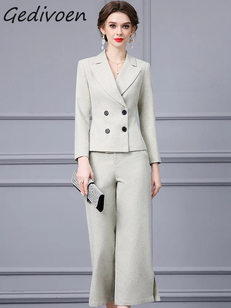 

Gedivoen Autumn Fashion Designer Light Green Vintage Pants Set Women Lapel Button Slim Suit Coat+Straight Trousers 2 Pieces Set