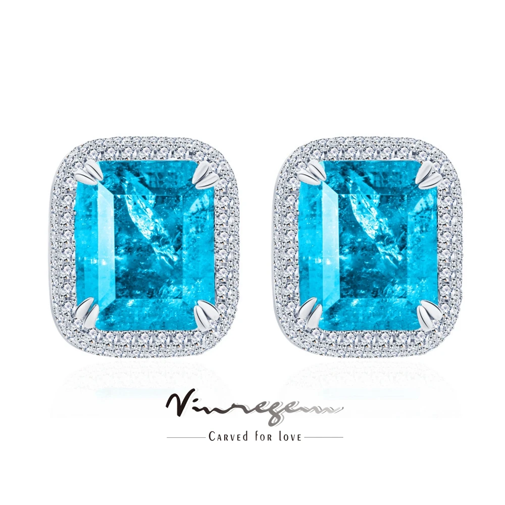 Vinregem 10*12 MM 4.2CT Paraiba Tourmaline Emerald High Carbon Diamond Gemstone Fine Studs Earrings 925 Sterling Silver Jewelry