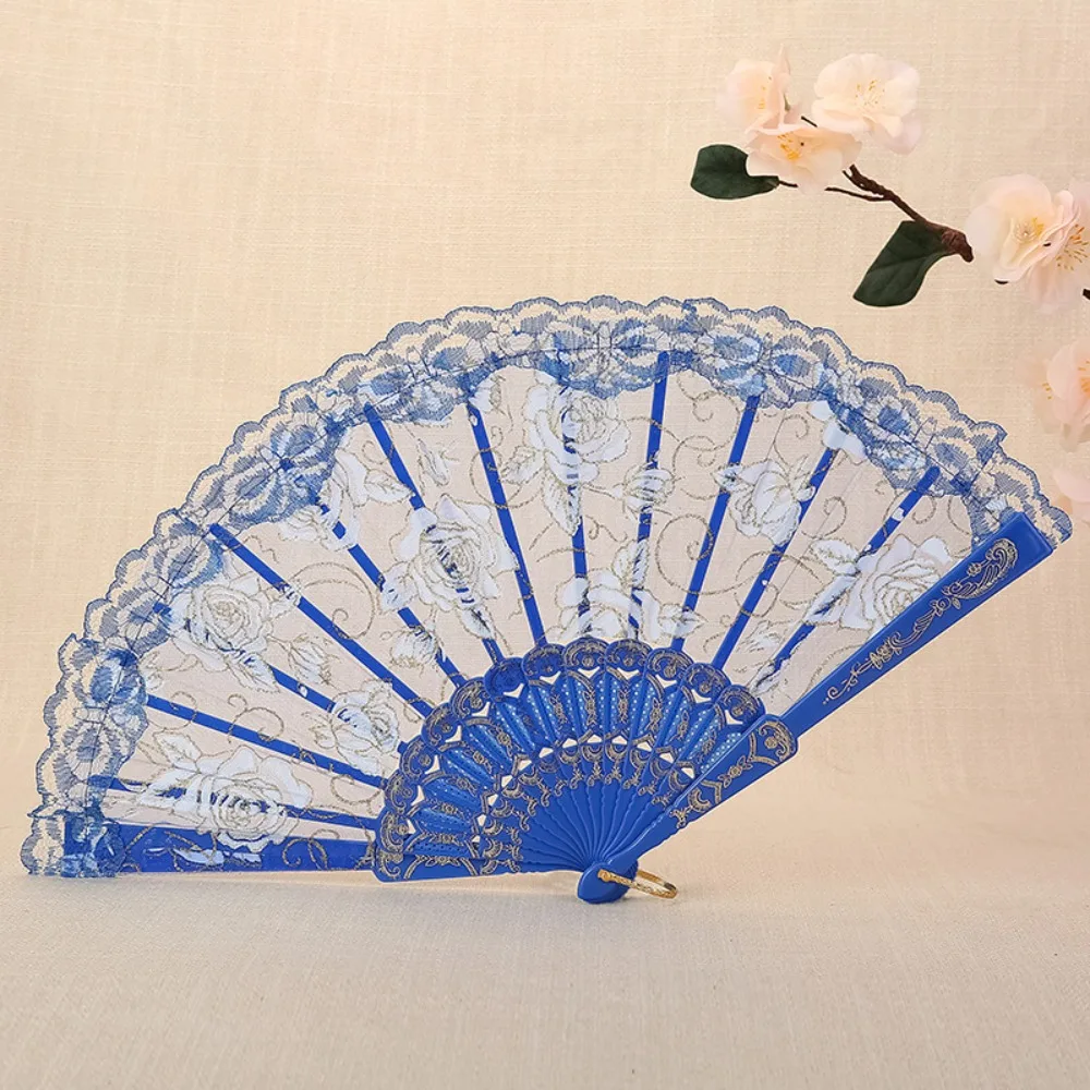 Craft Handheld Ladies Lace Hand Fan Plastic Handle Rose Pattern Dance Fan Translucent Folding Fan Summer